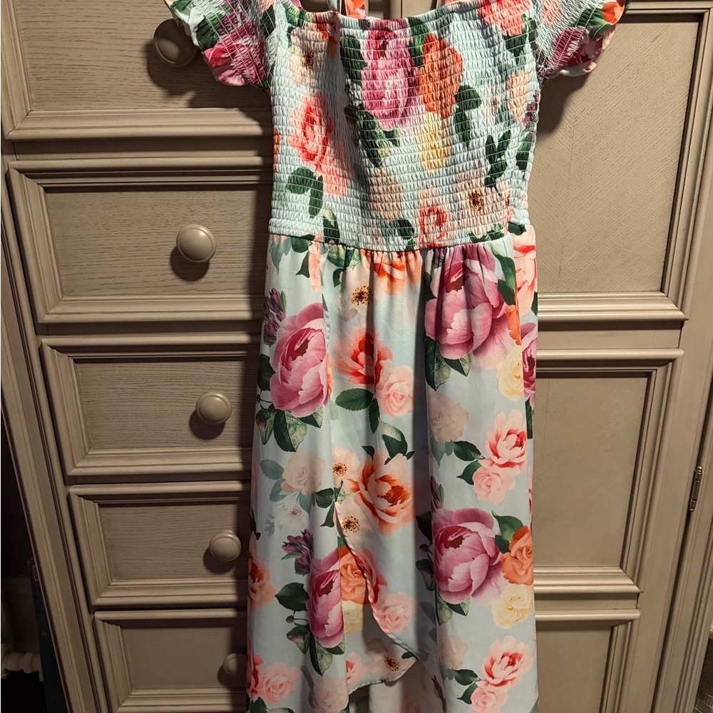 Rare Editions Floral Smocked Dress - Pink and Green